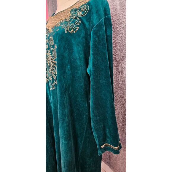 Turkish 100% Cotton VELVET Robe Dress KAFTAN Emerald Green Metallic Gold Emb XXL - Picture 4 of 6